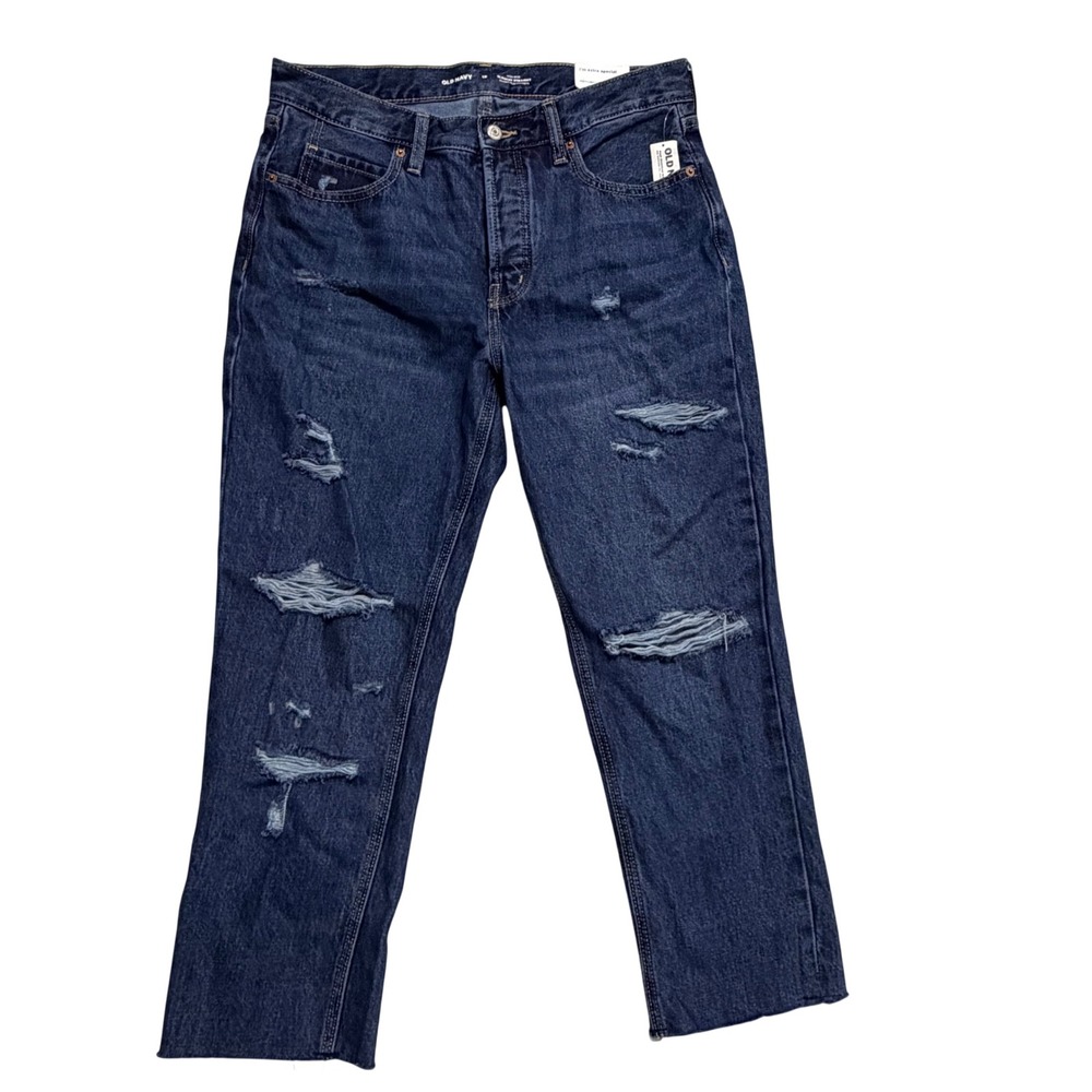 Old Navy Slouchy Straight Jeans Womens 10 Blue Distressed High Rise Denim